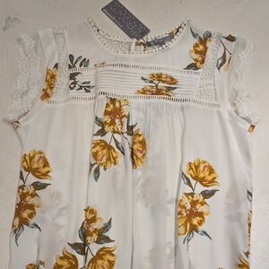 Daniel Raain White Yellow Flower Womens Top Cap Sleeve